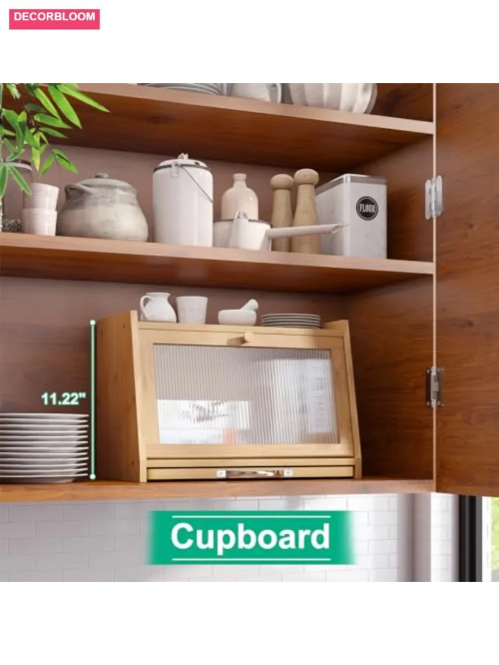 Bamboo Bread Box with Wavy Acrylic Door and Cutting Board, Large Kitchen